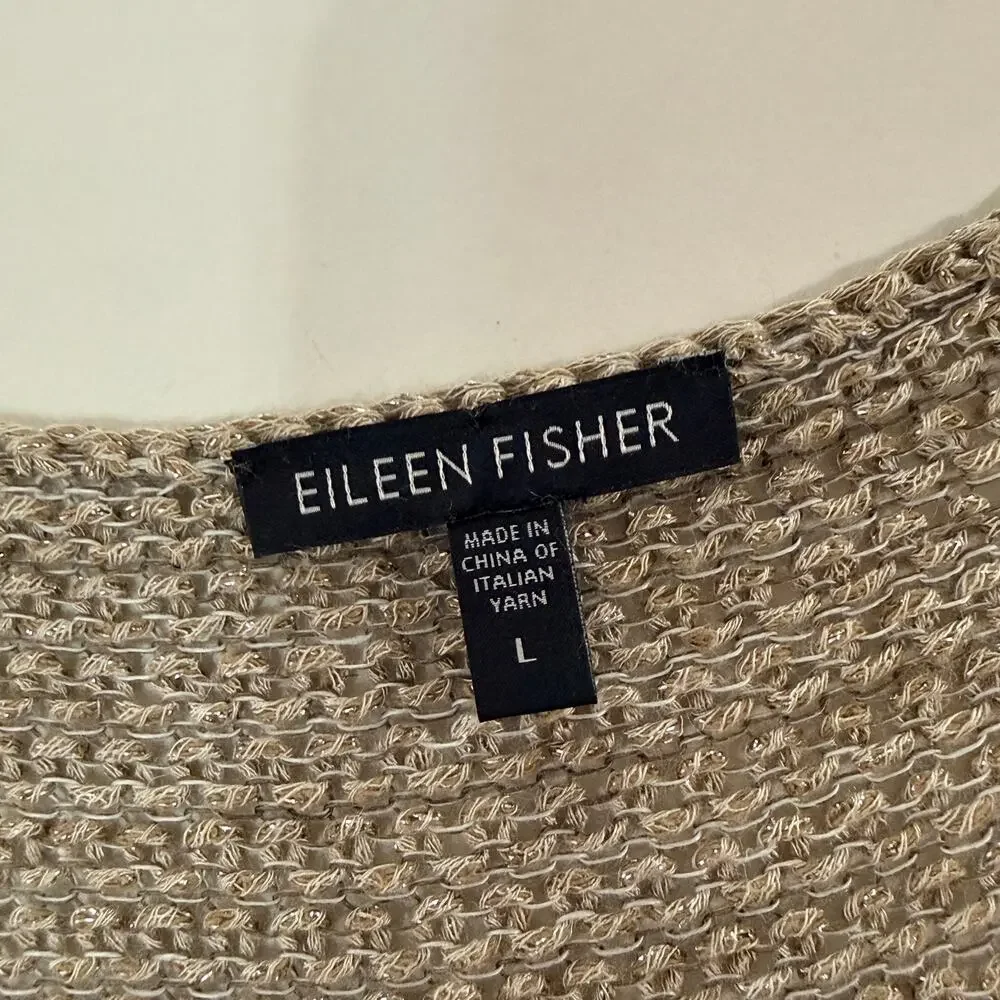 Eileen Fisher L Womens V Neck Metallic Knit Sweater Natural Tan Linen Blend